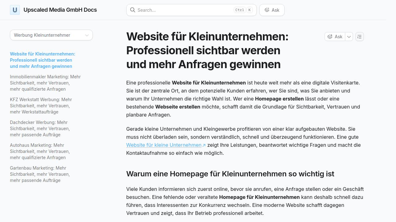 Homepage erstellen für Kleinunternehmen | Upscaled Media GmbH Docs